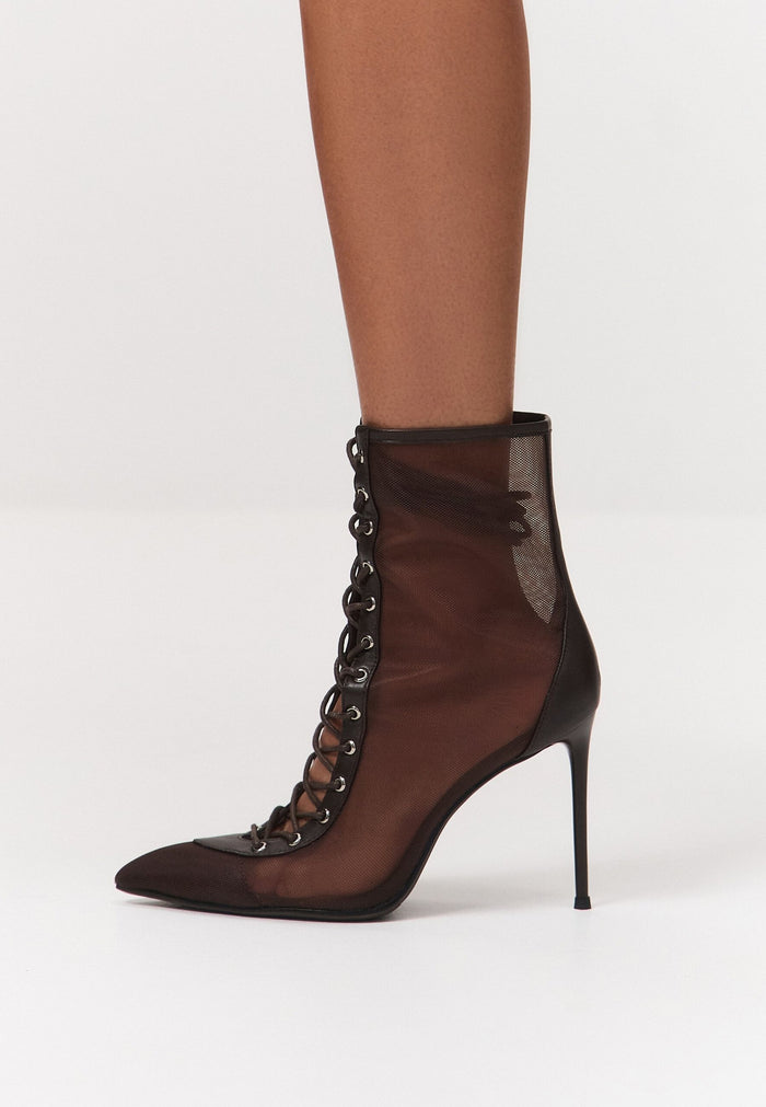 Sheer Lace-Up Stiletto Ankle Boots – Brown