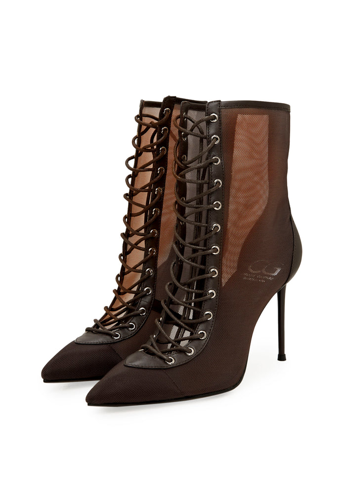 Sheer Lace-Up Stiletto Ankle Boots – Brown