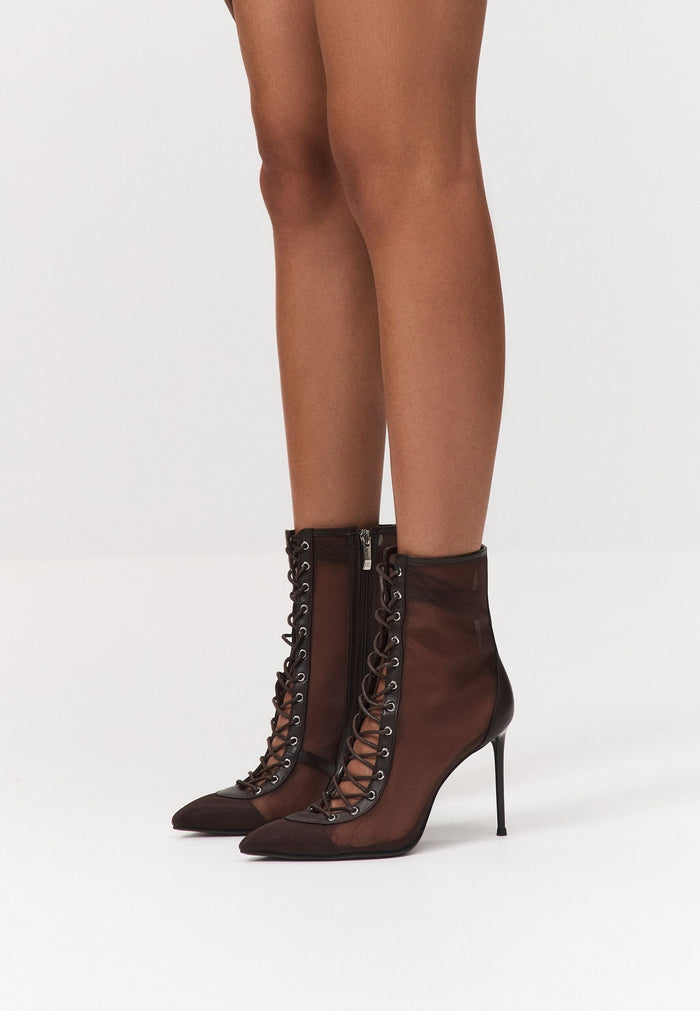 Sheer Lace-Up Stiletto Ankle Boots – Brown