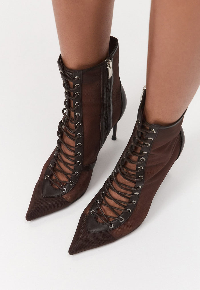 Sheer Lace-Up Stiletto Ankle Boots – Brown
