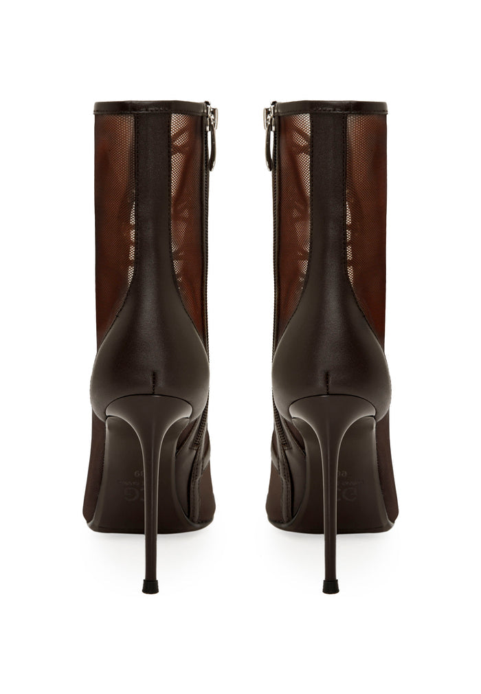 Sheer Lace-Up Stiletto Ankle Boots – Brown