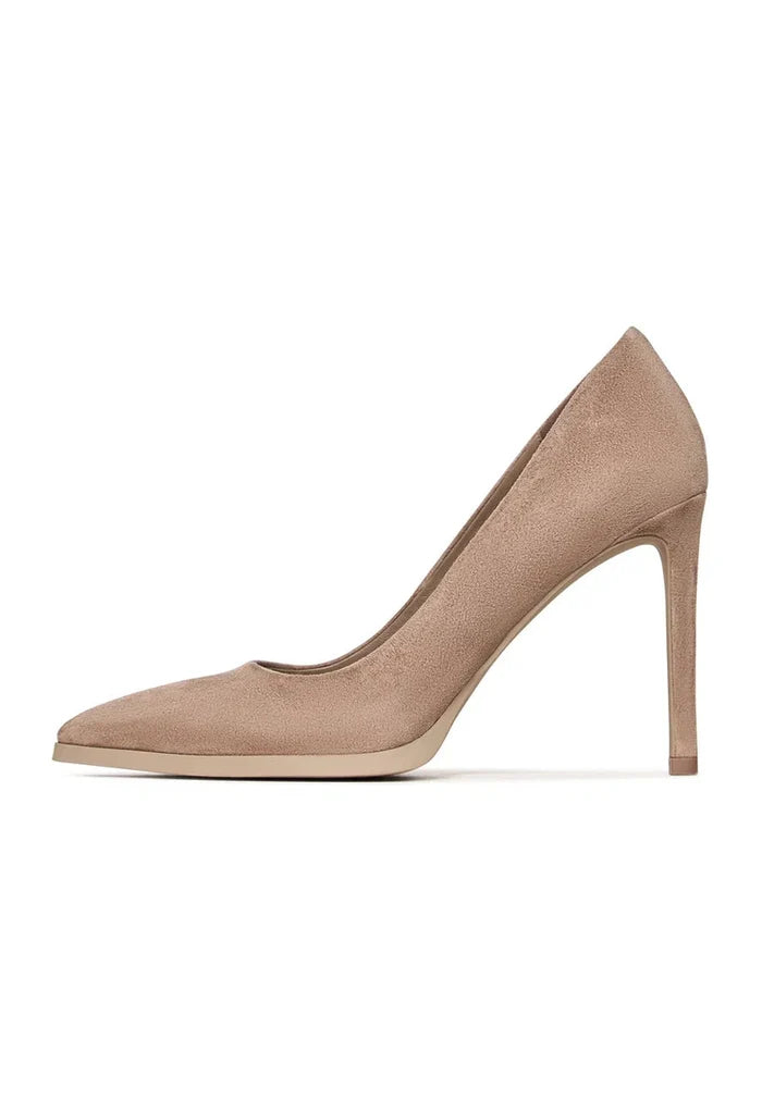 A pair of elegant beige suede stilettos with a skyline-inspired design for women.