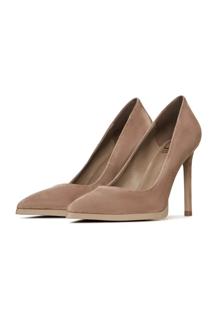 A pair of stunning beige suede stilettos with a city skyline design, perfect for women looking to elevate their style with chic and sophisticated heels.