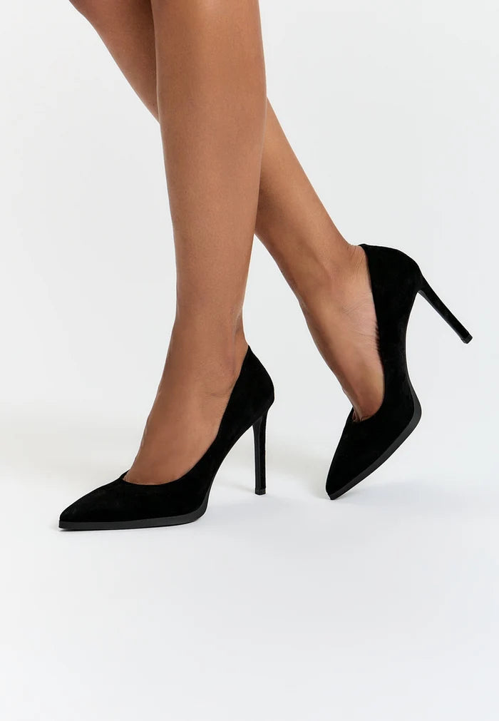A pair of women's high heels in black suede, featuring a sleek skyline design - perfect for a chic and stylish look.