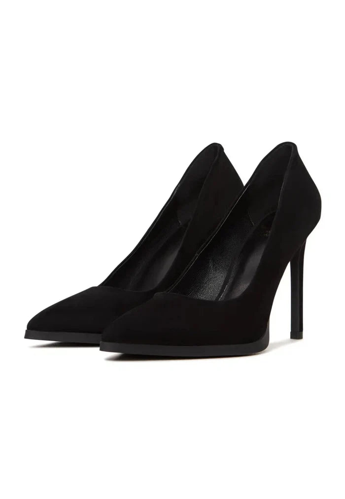 A pair of stylish black suede stilettos with a skyline design, perfect suede heels for women's high heels fashion.