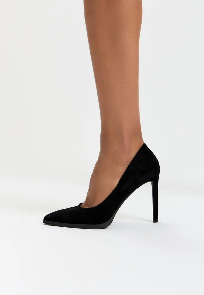 A pair of chic black suede stilettos with a stunning skyline design, perfect for elevating any outfit.