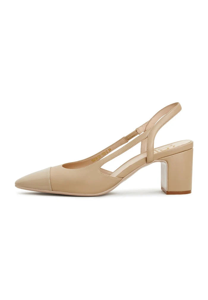 A pair of elegant beige Slingback Block Heels Pumps named Jasmine, perfect for women's shoe collection.