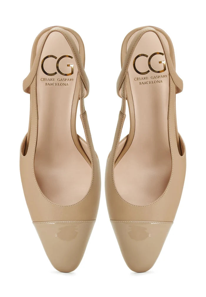 A stylish pair of beige slingback block heels with a Jasmine design for women's shoes collection.