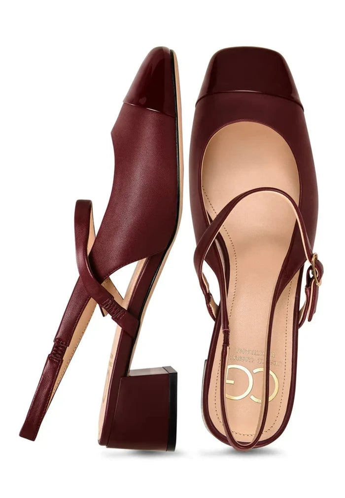 A stylish image showcasing elegant women's block heel shoes in Bordeaux, including slingback block heels and Marisol pumps.
