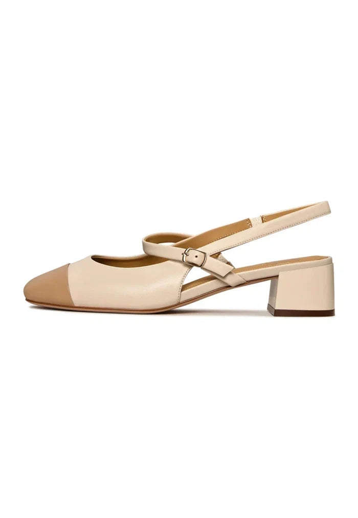 A stylish pair of light beige women's slingback block heel pumps - the perfect addition to your wardrobe with the Pumps Marisol style and contemporary fashion block heel design.