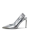 A stylish pair of silver Patricia pumps, women's high heel shoes featuring slingback design perfect for any occasion.