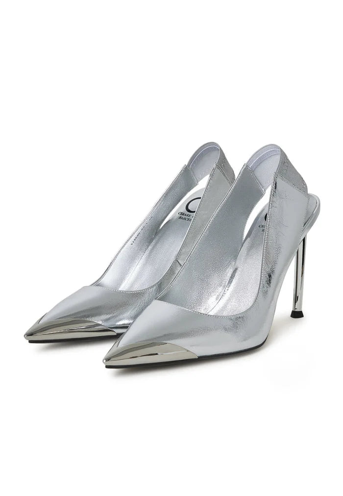 A stylish pair of silver Patricia pumps, slingback high heels, perfect for any glamorous event for women's high heel shoe lovers.