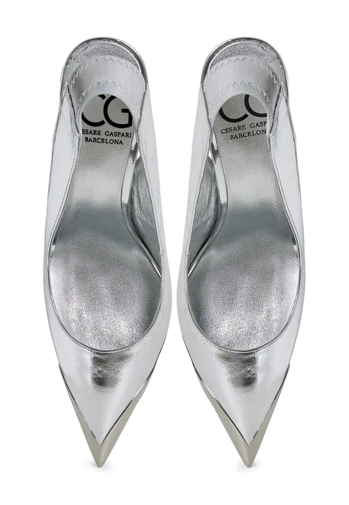 A pair of stylish silver Patricia slingback high heeled pumps, perfect for any outfit - women's high heel shoes.
