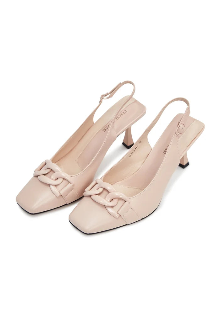 A stylish pair of women's slingback kitten heel pumps in a chic and elegant design.