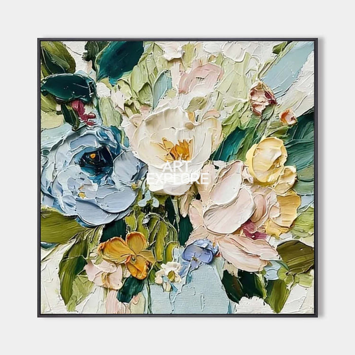 Large Blue Spring Bloom Impasto Oil Painting Square Floral Wall Art - ArtExplore