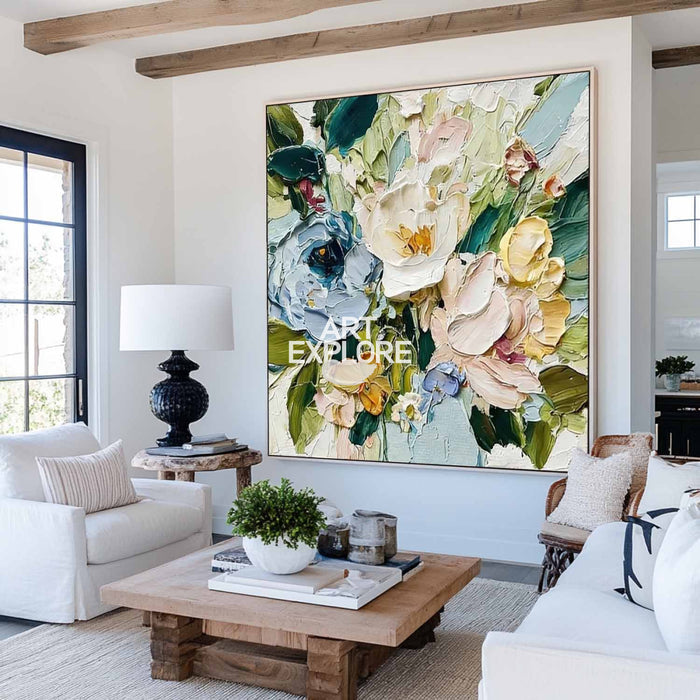 Minimalist Square Floral Oil Painting Rich Impasto Texture Blue Bloom - ArtExplore
