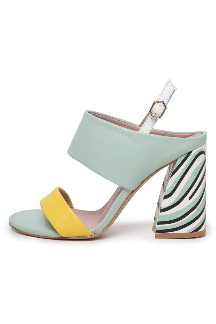 A stylish pair of mint, stripe, and pop sandals for women - perfect for summer footwear.