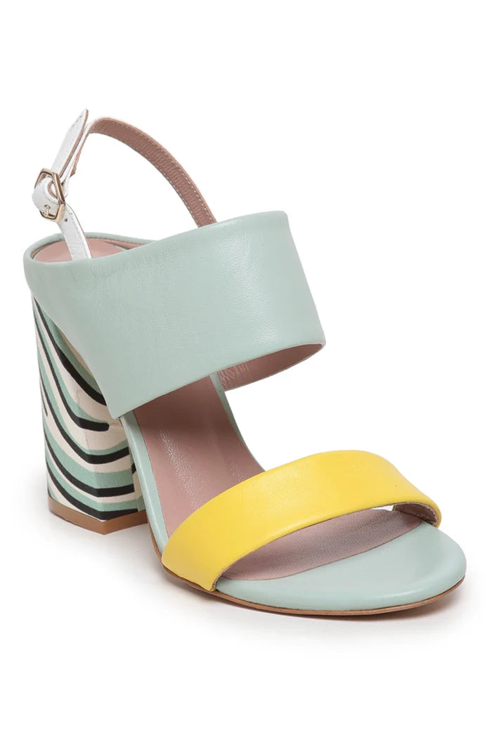 A pair of trendy mint, stripe, and pop women's sandals perfect for summer footwear style.