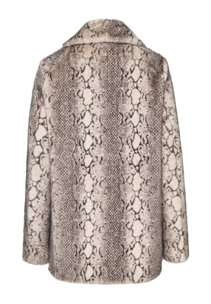 A trendy Niuvis beige faux fur coat with snake print design, perfect stylish outerwear for trendy winter fashion.