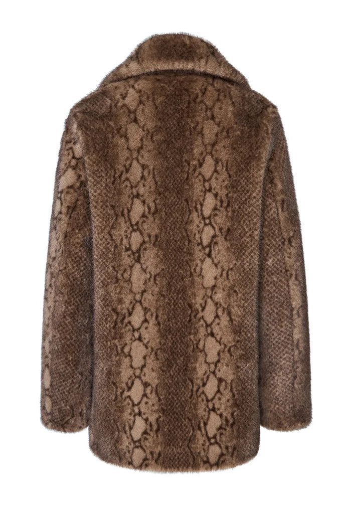 A stylish brown Niuvis coat featuring trendy snake print faux fur design, perfect as a statement piece of trendy outerwear.