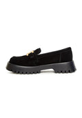 A trendy pair of chunky black loafers with a golden chain detail, made of suede, perfect for stylish footwear fashionistas.