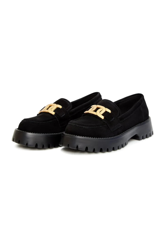 A stylish pair of chunky black suede loafers with a golden chain accent, the perfect addition to your collection of trendy footwear.