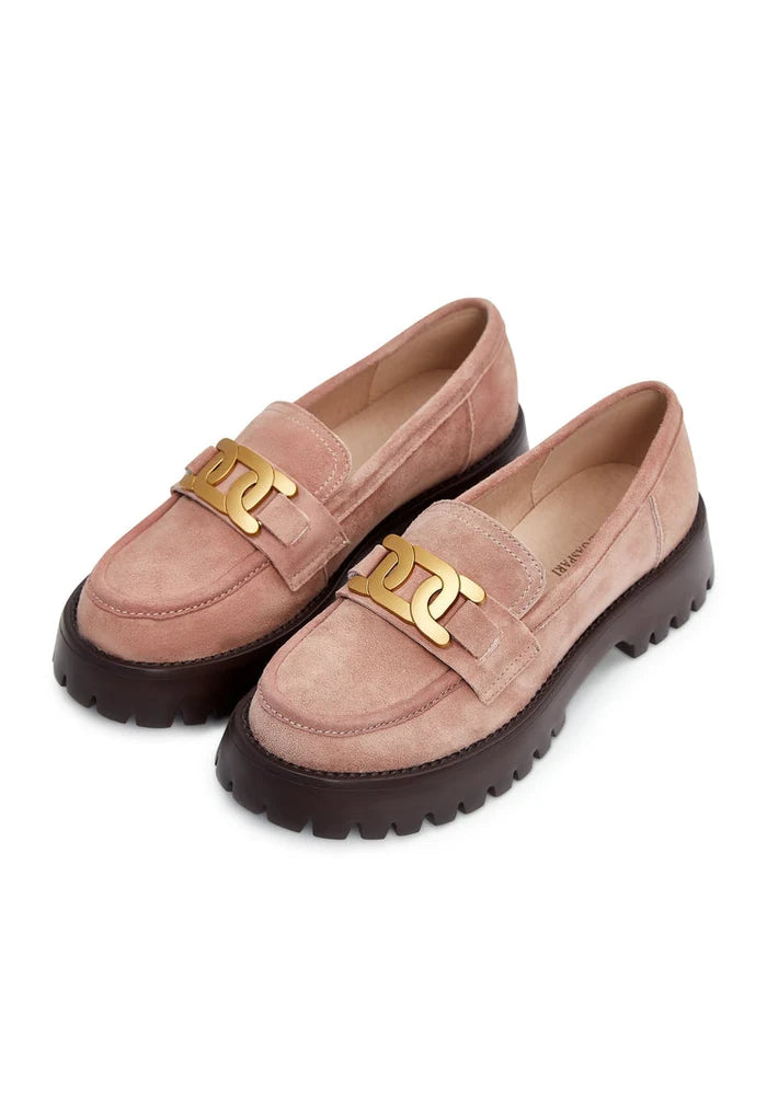 A stylish pair of women's chunky pink loafers with a golden chain detail in suede material.