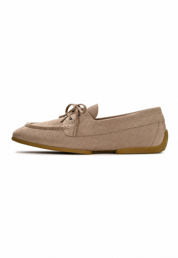 Suede Lace-Up Loafers - Beige