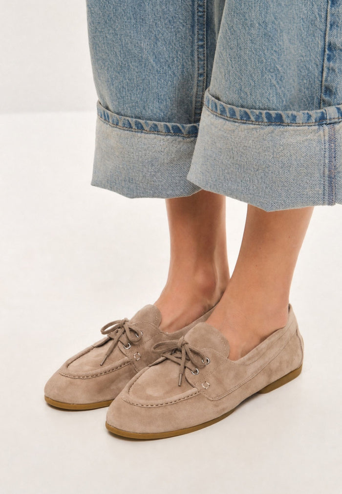 Suede Lace-Up Loafers - Beige