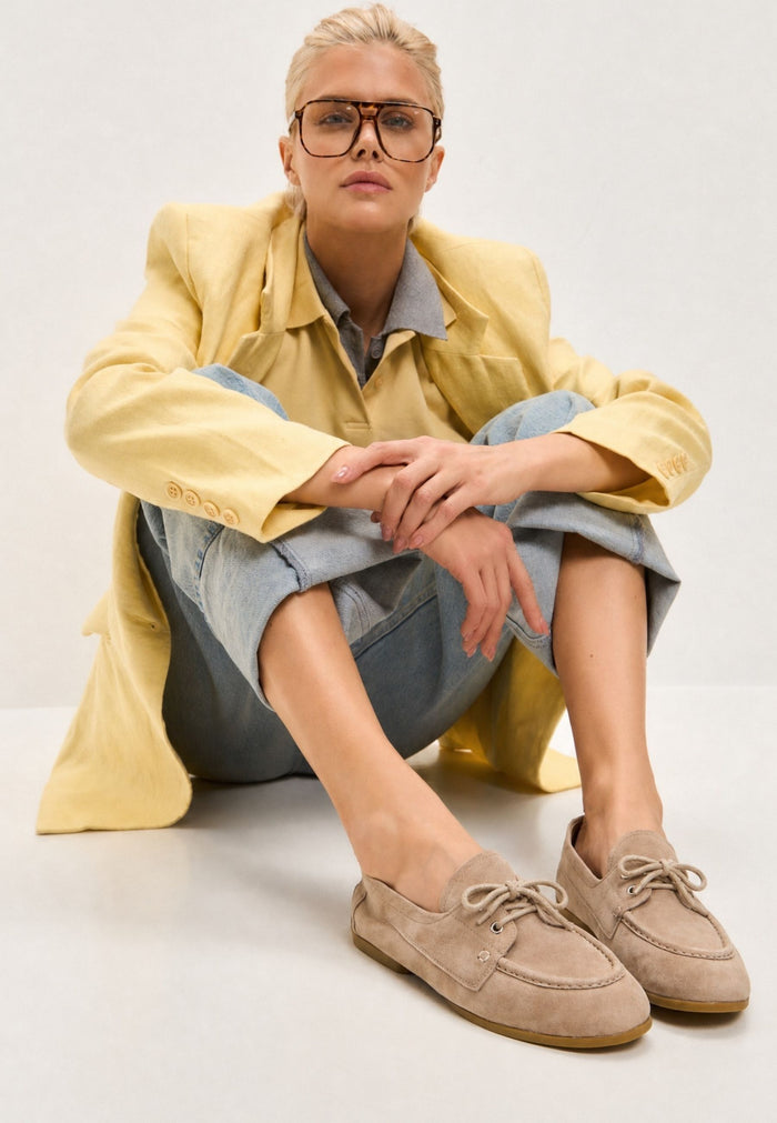 Suede Lace-Up Loafers - Beige