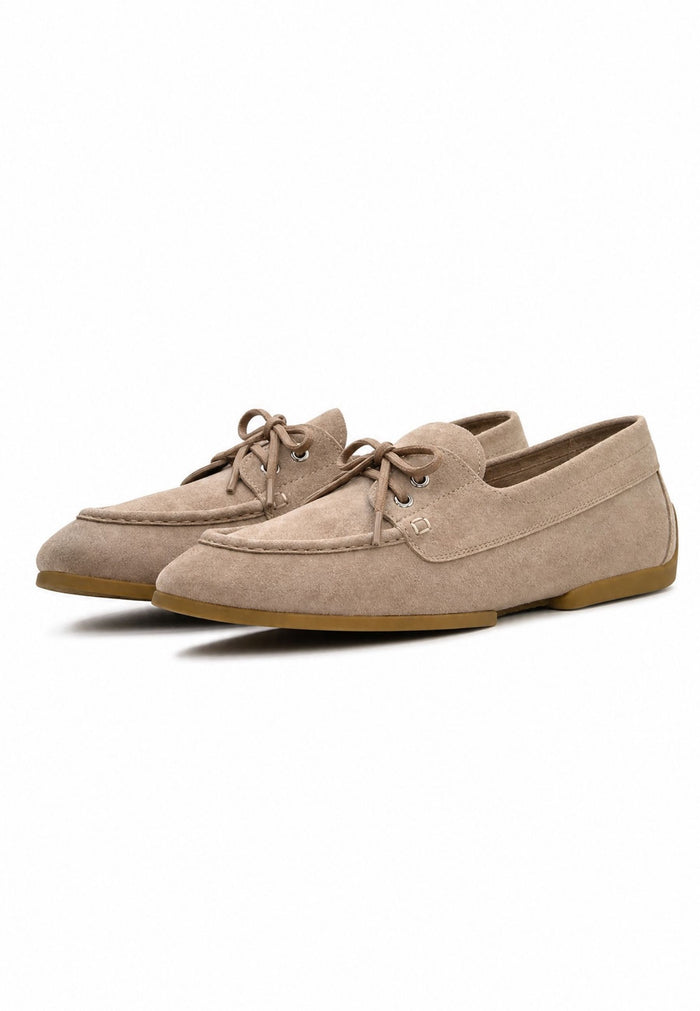 Suede Lace-Up Loafers - Beige