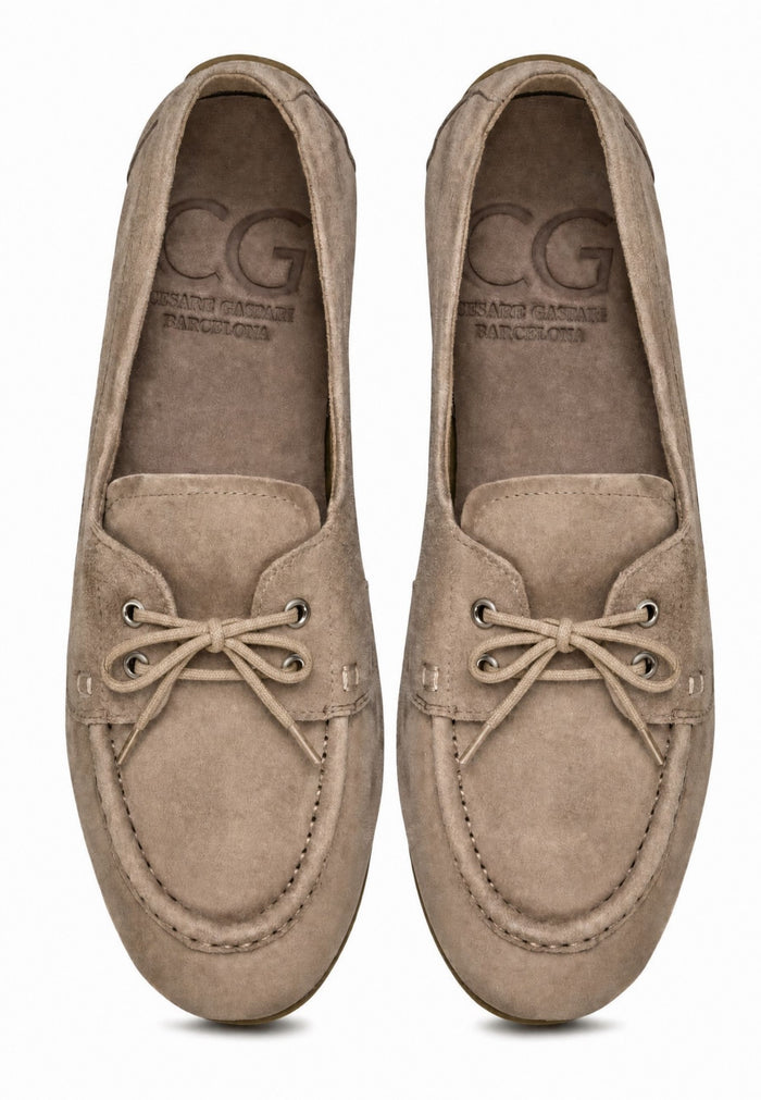 Suede Lace-Up Loafers - Beige