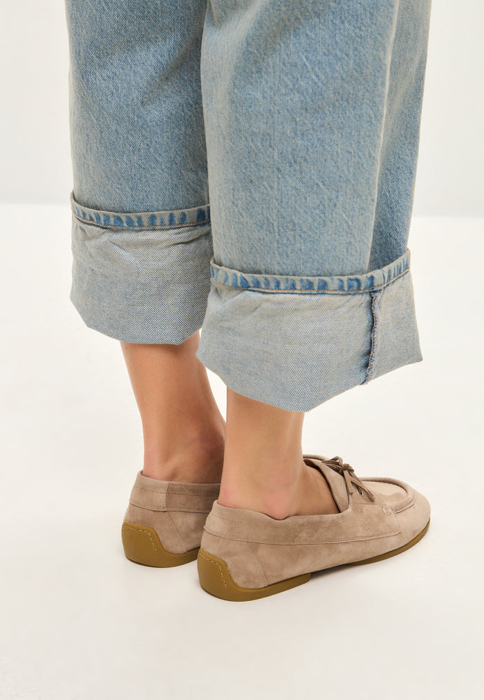 Suede Lace-Up Loafers - Beige
