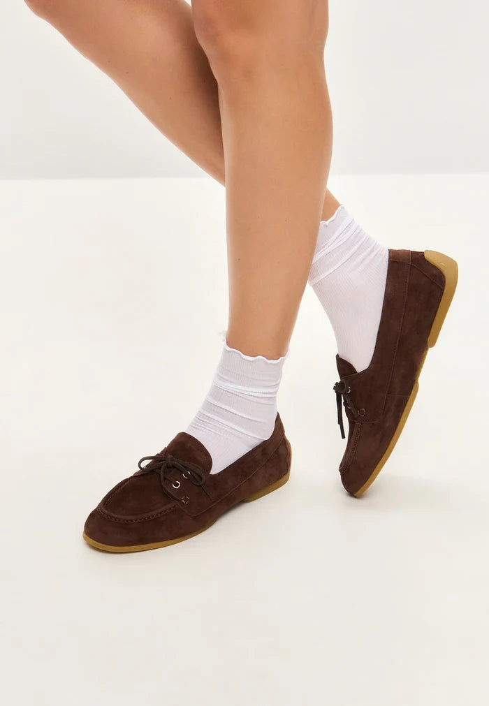 Suede Lace-Up Loafers - Brown
