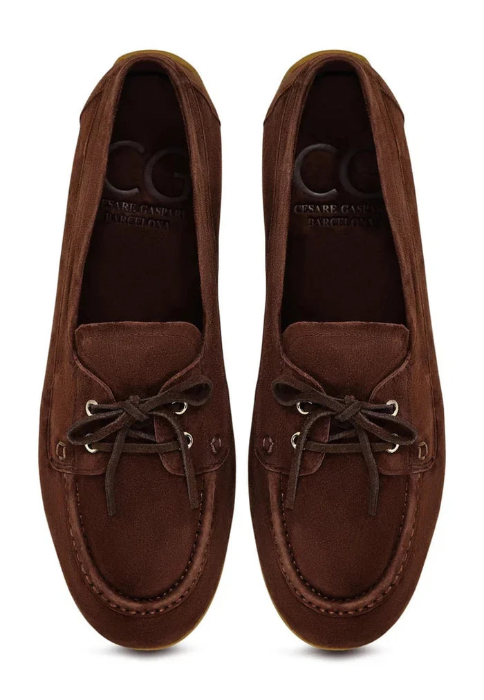 Suede Lace-Up Loafers - Brown