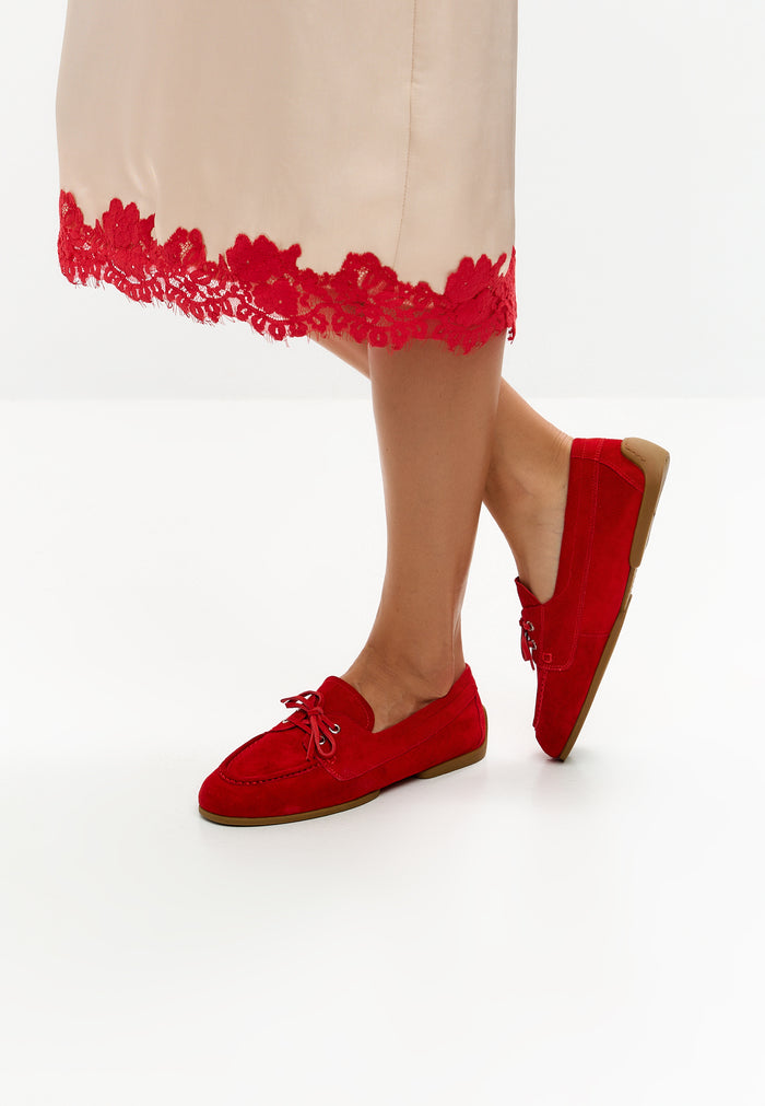 Suede Lace-Up Loafers - Red