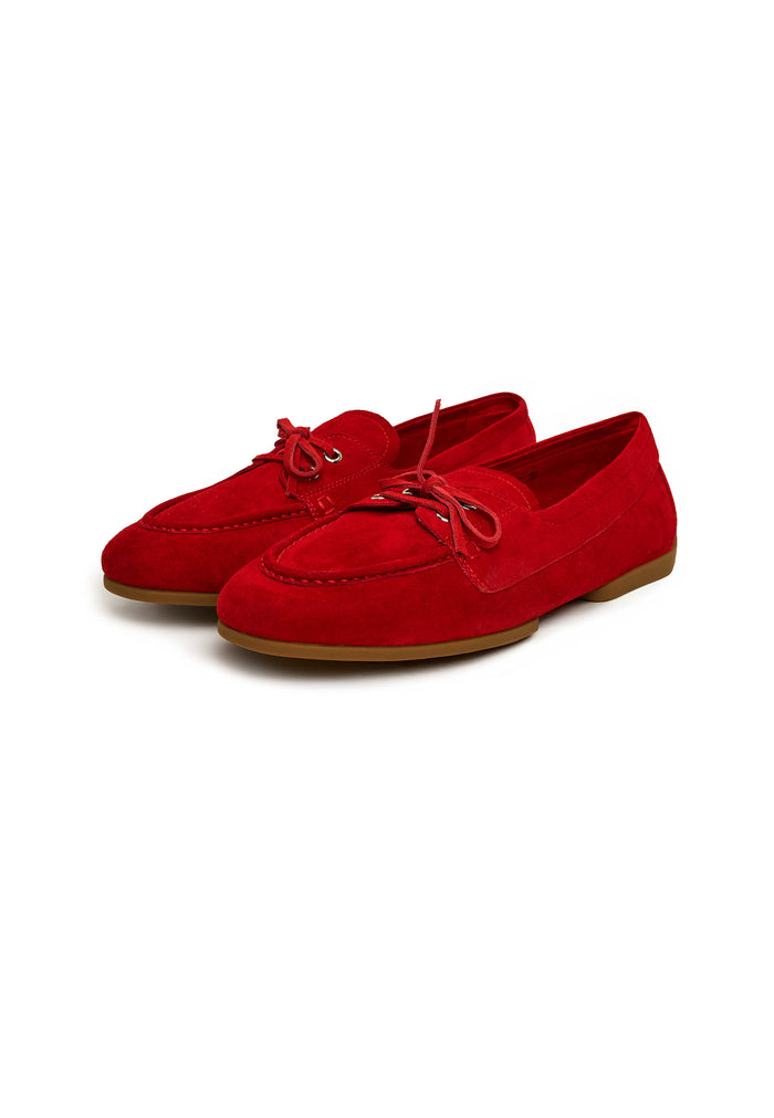 Suede Lace-Up Loafers - Red