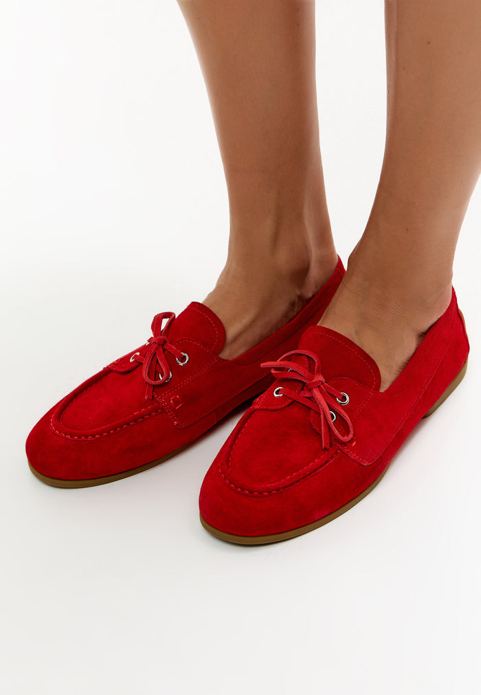 Suede Lace-Up Loafers - Red