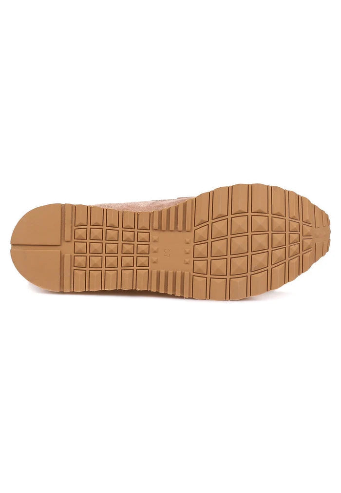 A pair of stylish beige suede platform loafers, perfect for women looking for comfortable and chic footwear.