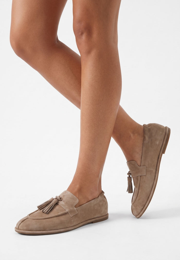 Suede Tassel Loafers - Beige
