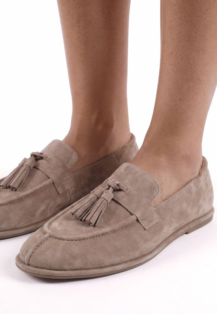Suede Tassel Loafers - Beige
