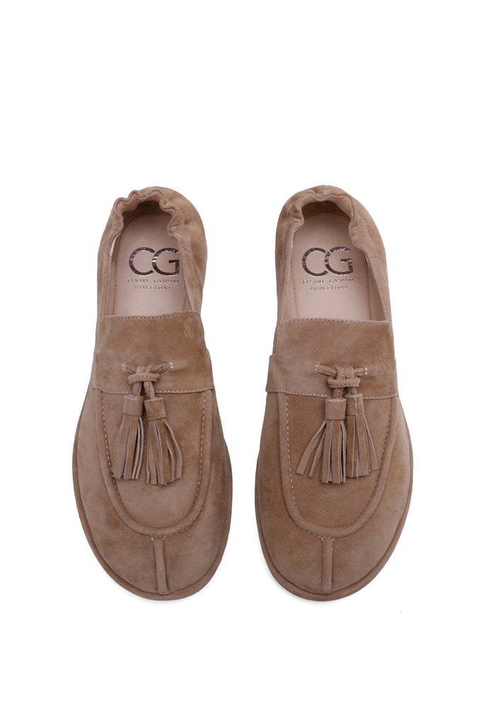 Suede Tassel Loafers - Beige
