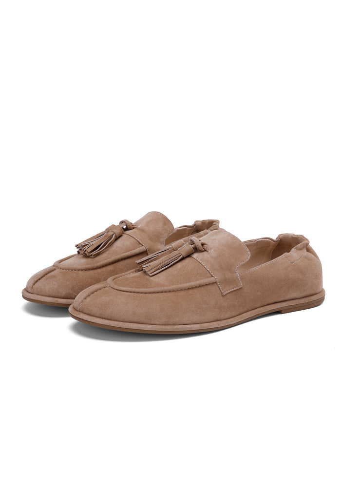 Suede Tassel Loafers - Beige