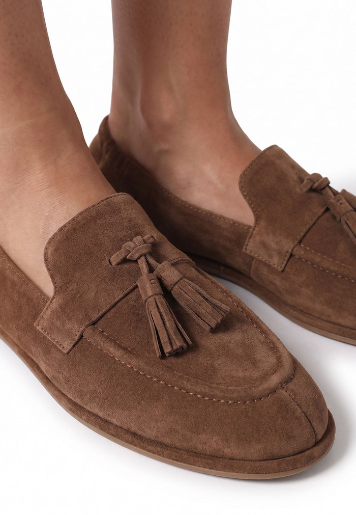 Suede Tassel Loafers - Dark Beige