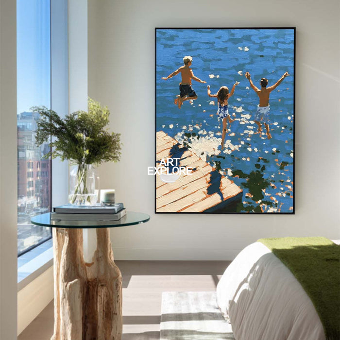 Abstract Blue Diving Art For Modern Coastal Living Room Decor