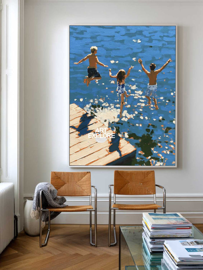 Abstract Blue Diving Art For Modern Coastal Living Room Decor