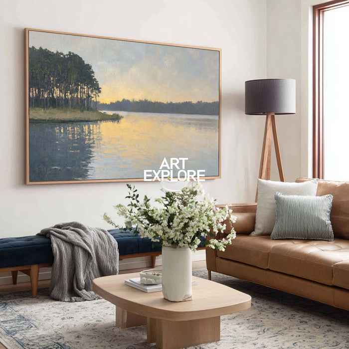 Serene Sunset Lake Painting With Forest Reflections For Modern Living Room Decor