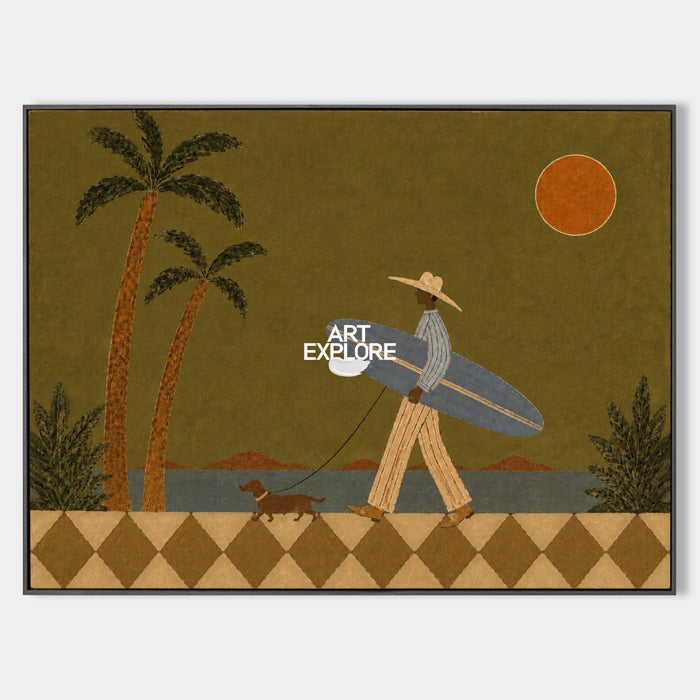 Surfer And Dog Folk Art Canvas Painting Green Coastal Wall Decor