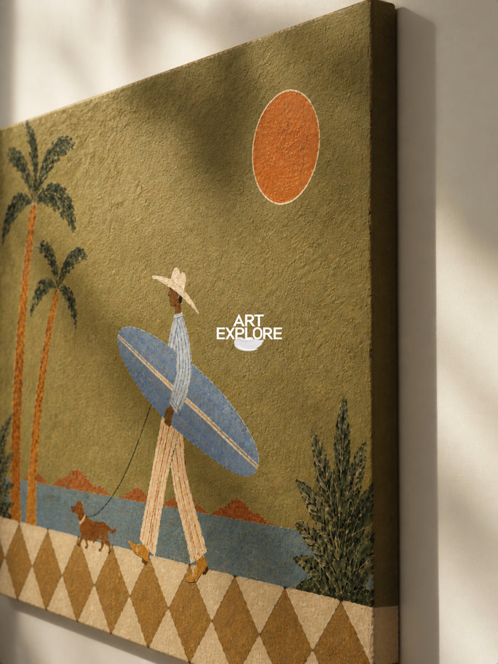 Surfer And Dog Folk Art Canvas Painting Green Coastal Wall Decor