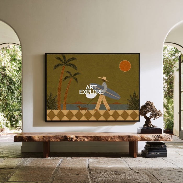 Surfer And Dog Folk Art Canvas Painting Green Coastal Wall Decor